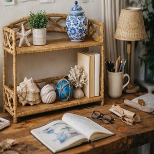 Estante de Almacenamiento de Bambú de 2 Niveles, Estilo Costero, Rectangular, Tipo Vertical, para Organización de la Sala de Estar, con Marco de Hierro Resistente - Product Image 1