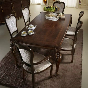 Ensemble de table à manger en bois massif artisanal de luxe 6 places Finition premium Décoration royale - Product Image 1