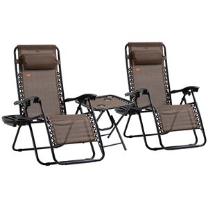 Set di 3 Sedie Reclinabili a Gravità Zero Marroni con Tavolino Laterale, Portabicchieri e Poggiatesta per Piscina e Campeggio - Product Image 1