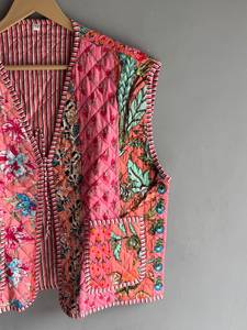 Gilet matelassé en coton rose à motifs floraux pour femme, réversible, avec poches plaquées, col en V, sans manches, style printemps, CADEAU POUR ELLE - Product Image 3