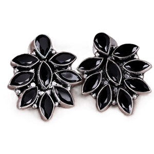 Pendientes de botón con diseño floral étnico tribal bohemio para mujer, con múltiples piedras, de latón bañado en plata antigua, con engaste de bisel de ónix, Royal Blossom - Product Image 5
