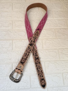 New Premium Quality Handmade Belts Hand <b>Tooled</b> <b>Leather</b> Boot Stich Belts Boho Vintage Pink Color Trendy Stylish Western Belts - Product Image 2