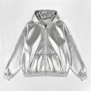 Sweat à capuche zippé personnalisé en similicuir velours brillant 100% coton, style streetwear, avec poche kangourou, bordure côtelée, respirant - Product Image 5