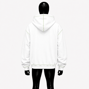 Sudadera con capucha gótica blanca con cremallera, costuras en contraste verdes, estilo urbano oversize, logo bordado, unisex, personalizada, moda punk, casual, en oferta - Product Image 2