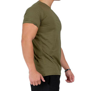 T-shirt en coton à manches courtes et col rond pour homme, couleur olive, uni, décontracté, tricoté, teinture unie, coupe ajustée, longueur normale - Product Image 2