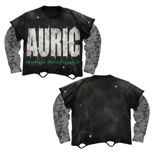 Premium 240 cotton double layer distressed <b>grunge</b> black long sleeve graphic screen print custom logo <b>shirt</b> Double Layer Style - Product Image 5