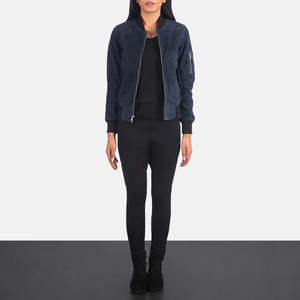 Women's Navy Blue <b>Suede</b> Motorcycle <b>Jacket</b> Full Sleeve Zipper Front Stand Solid Color Streetwear Winter Windproof Waterproof - Product Image 6