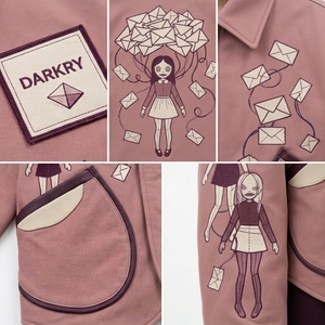 Dusty <b>Pink</b> Cute Doll Envelope Embroidery Lapel Collar Mens Casual Canvas <b>Jacket</b> Scalloped Hem Workwear Outerwear - Product Image 6
