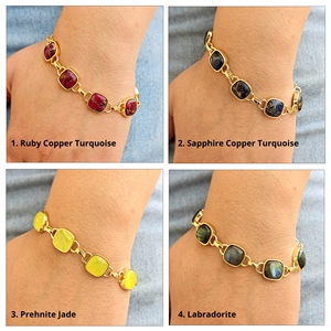 Pulsera ligera para uso diario con cabujón de prehnita en forma de cojín, cadena de eslabones con piedra de jade, chapada en oro de 18k, hipoalergénica. - Product Image 6