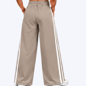 <b>Women</b> Taupe Wide Leg Track Pants White Side Stripes Drawstring Waist Pockets Casual Sportswear Lounge <b>Trousers</b> Soft <b>For</b> Training - Product Image 2