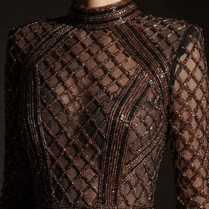 Vestido de Noche de Lujo con Lentejuelas de Diamantes y Rejilla de Bronce, Manga Larga, Cuello Alto, Estilo Sirena, para Fiesta de Gala, Venta al por Mayor, Elegante Ropa de Fiesta - Product Image 1