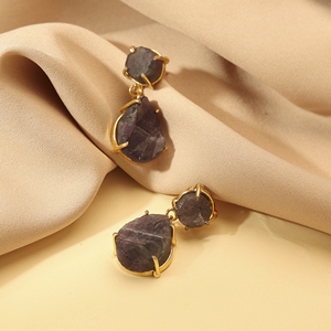 Boucles d'oreilles pendantes bohèmes plaquées or avec perles naturelles et améthyste, bijoux de fête pour femme, forme goutte d'eau, sertissage griffe, alliage de zinc - Product Image 3