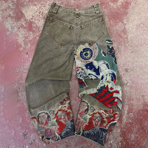 Vintage Distressed <b>Embroidered</b> Oversized Unisex Baggy Denim <b>Jeans</b> Knitted 100% Cotton Zipper Décor Mid Waist Casual Straight - Product Image 2