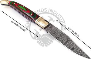 Couteau pliant en acier Damas, nouvelle édition, avec étui en cuir, couteau de chasse Laguiole, couteau de poche avec manche en bois rouge-vert et bolster en laiton - Product Image 2