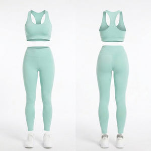 Ensemble 2 pièces de vêtements de yoga pour femme en polyester, comprenant un soutien-gorge de sport dos nageur et un legging de compression taille haute longueur intégrale, couleur unie avec logo frontal - Product Image 6