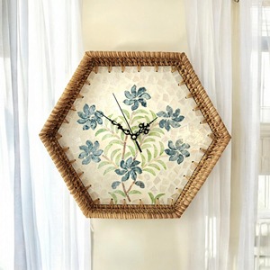 Octagon shaped handwoven rattan <b>clock</b> antique style handcrafted <b>clocks</b> for room decorating - Product Image 4