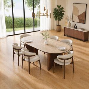 Table à manger rectangulaire de luxe Daystar Trade en bois massif avec plateau aspect pierre naturelle et base architecturale moderne sur piédestal - Product Image 4