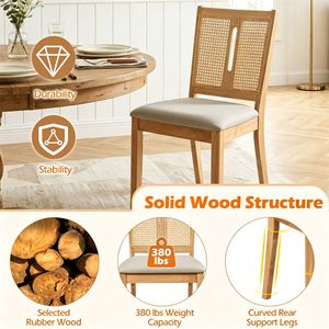 Chaises de salle à manger en bois de caoutchouc, style français, lot de 2, avec dossier en rotin tressé en PVC et assise rembourrée en tissu - Product Image 5