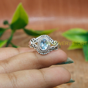 Natural Blue Topaz Gemstone 925 Sterling <b>Silver</b> Handmade Vintage <b>Boho</b> Filigree Statement <b>Ring</b> for Women Oval Cut Sky Blue Stone - Product Image 4