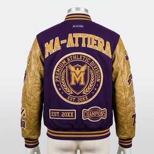 <b>Purple</b> Gold Letterman Jacket Wool Body Leather Sleeves Embroidered Patches Snap Button Custom OEM ODM Wholesale - Product Image 2