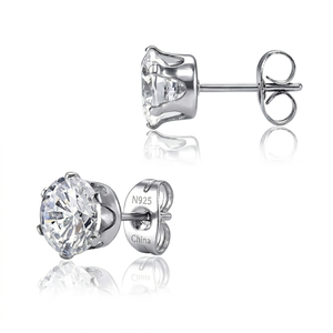 925 Sterling <b>Silver</b> Round <b>Stud</b> <b>Earrings</b> Cubic Zirconia Claw <b>Set</b> Sparkling Ear Jewelry for Wedding Party Gift - Product Image 2