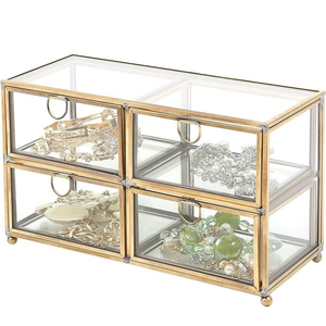 New stylish gold latest best sell Modern Geometric Pentagon <b>Glass</b> Jewelry <b>Box</b> with Gold Brass Frame Hinged Lid and Mirrored Base - Product Image 3