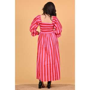 Vestido Largo Maxi de Algodón con Estampado Floral Boho para Mujer, Cintura Elástica Fruncida, Manga Acampanada, Verano, Hecho a Mano en India, Casual, Ecológico - Product Image 5