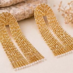 Rizir Fashion – Boucles d'oreilles pendantes géométriques plaquées or 14 carats, faites à la main, avec franges perlées et longues pampilles, pour femme, idéales pour les fêtes et mariages - Product Image 1