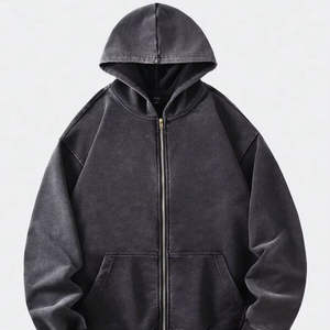 Sudadera con capucha unisex negra lavada con cremallera, bordada, transpirable, de invierno, de algodón polar, oversize, informal, estilo streetwear - Product Image 1