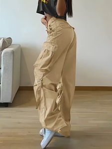 Women's <b>Summer</b> Street Style Flat Front Flap Pocket Drawstring Detail Loose Fit Casual Wide-Leg Paratrooper <b>Pants</b> - Product Image 4