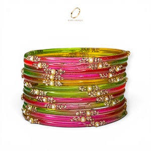 Kashmiri Multicolour Shade Gold Plated Trendy Raindrop Glass Bangles for Women Pearl for Wedding & Festive Wear at Wholesale - Product Image 5