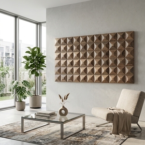 Decoración de Pared, Panel de Arte Mural Tallado en Madera Natural Moderna con Patrón Geométrico de Diamantes en 3D, Decoración de Interiores de Hogar Contemporánea de Lujo - Product Image 2