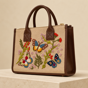 Bolso Tote de Lona Personalizado con Bordado de Moda Global HINDVANTA, Cierre de Cremallera, Diseño Floral de Mariposas, Forro de Cuero PU, para Uso Diario de Mujeres - Product Image 1