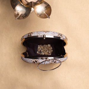 White Based Golden Threadwork Embroidery Round Clutch Bag Luxury Wedding Evening <b>Handbag</b> for Women Occasions - Product Image 3