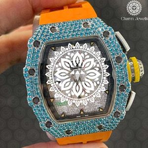 Montre de luxe Charm_Jewells en acier inoxydable, cadran analogique, verre saphir, lunette sertie de pierres bleues, bracelet en silicone orange, unisexe - Product Image 1