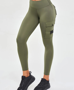 High Waist Olive Green Yoga <b>Leggings</b> <b>With</b> <b>Pockets</b> Four-Way Stretch Ankle-Length Solid Color Seamless Design For Women 180 g - Product Image 1