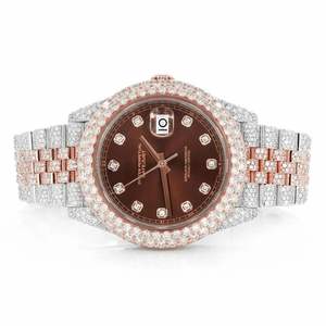 Luxury <b>Iced</b> <b>Out</b> Moissanite <b>Watch</b> Brown Dial Two Tone Rose Gold Automatic Mechanical Diamond Bust Down Wristwatch - Product Image 1