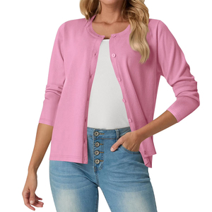 Adult Women's Pink Three Quarter Sleeve Knitted Cardigan O Neck Button Front Casual Sweater All Seasons Wear - Product Image 1