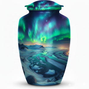 QUALCOSA Aurora Green Custom Design Durable Cremation <b>Urn</b> for Adult Human Ashes <b>Large</b> Size 200 Cubic Inches Model QU-205 - Product Image 1