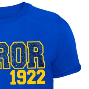 T-shirt personnalisé bleu roi pour sororité, lettres grecques scintillantes EST 1922, t-shirt à manches courtes et col rond, mode décontractée pour femmes - Product Image 3