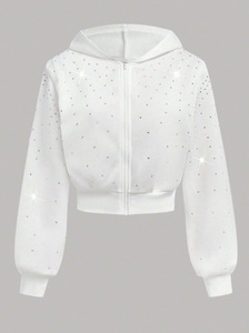 Sweat à capuche zippé en molleton de coton de haute qualité, coupe courte, tendance, avec strass scintillants pour femme - Product Image 3