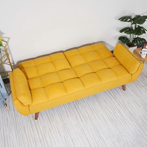 Divano Letto Convertibile Giallo da 75 Pollici con Braccioli Svasati, Reclinabile e Pieghevole, Rivestimento in Pelle, Base Quadrata in Metallo per Soggiorno - Product Image 6