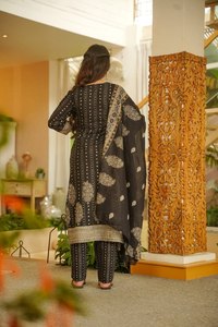 Traditional Indian <b>Pakistani</b> Women's <b>Black</b> Beige Embroidered Ankle-Length Cotton <b>Dress</b> Set Casual Wear All Seasons - Product Image 5
