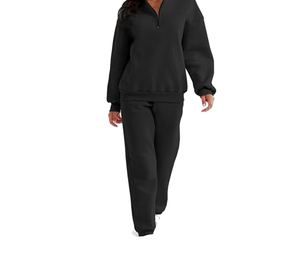 Survêtement grande taille pour femme, noir uni, sweat-shirt demi-zip avec pantalon à cordon de serrage, coupe décontractée ample, longueur intégrale, en polyester, pour l'automne - Product Image 1