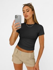Camiseta Básica de Verano para Mujer, Cuello Redondo, Manga Corta, Elástica, Ajustada, Suave, para Salir, Hacer Ejercicio, Gimnasio - Product Image 3