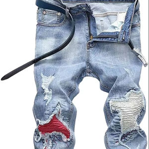 Vaqueros de moto OEM personalizados para hombre, corte acampanado, cintura alta, estilo urbano, denim sólido, rasgado, desgastado, con parches y detalles destruidos - Product Image 1