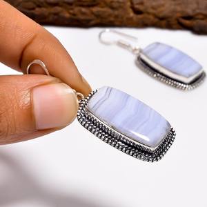 Boucles d'oreilles pendantes en agate bleue et argent sterling, bijoux en cristal apaisant, faits à la main, style bohème, cadeau pour elle - Product Image 3