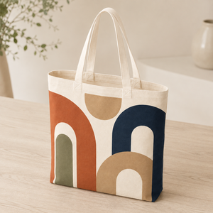 Custom Geometric Long Handle Canvas & Cotton Beach <b>Tote</b> Bag <b>with</b> <b>Zipper</b> Closure Printed Reusable Carryall for Retail & Grocery - Product Image 2