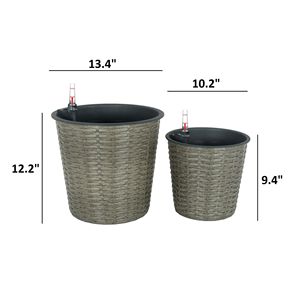 Set di 2 Vasi Decorativi Rotondi in Vimini Grigio con Sistema di Auto-Irrigazione per Interni ed Esterni - Product Image 4