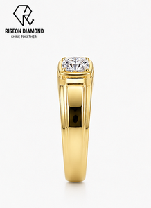 18K Yellow Gold <b>Mens</b> Solitaire Diamond <b>Ring</b> Round Cut Lab Grown Bezel Setting Bold Masculine Wedding Anniversary Band Luxury - Product Image 3